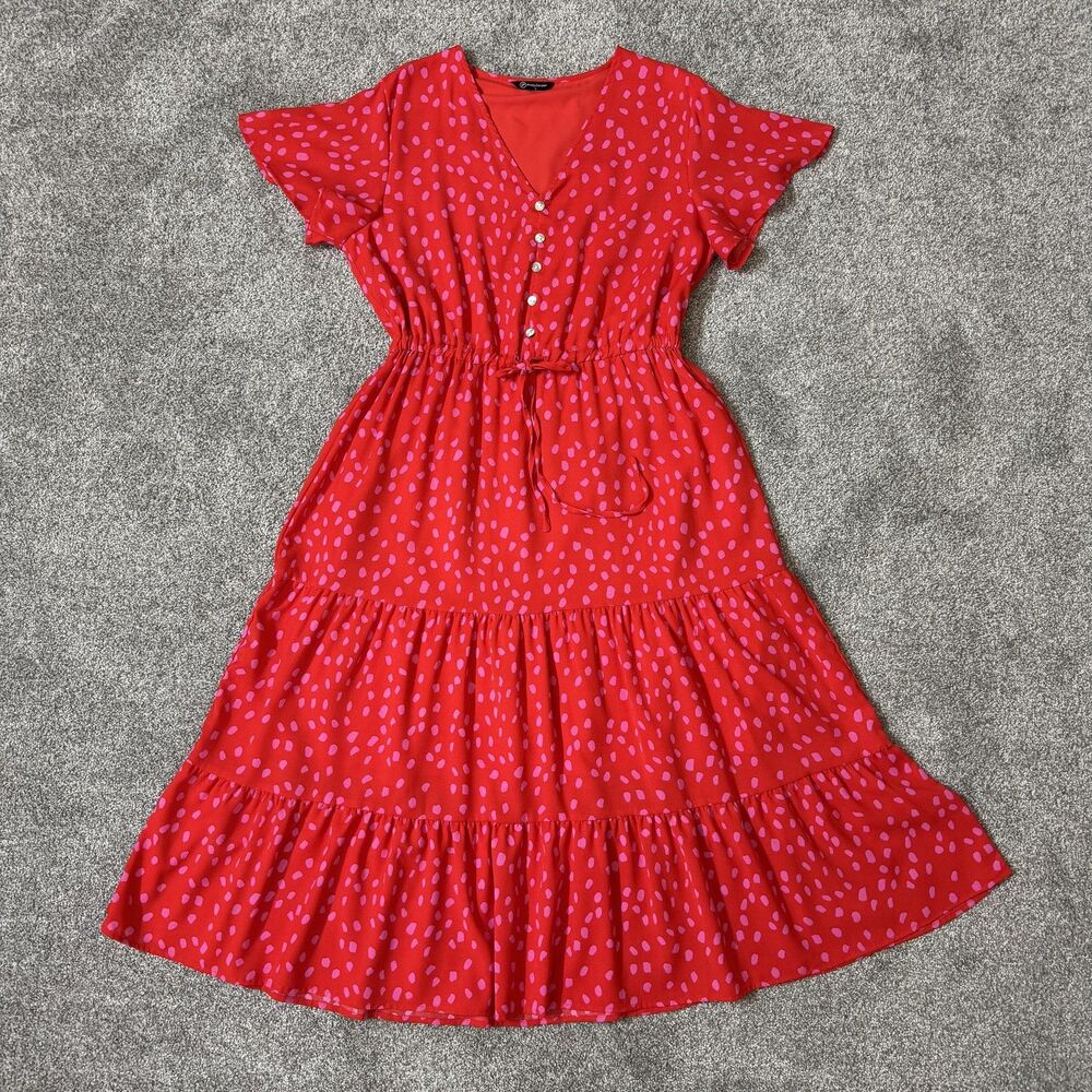 Red Midi Dress with Pink Dot Print and Self-Tie Waist